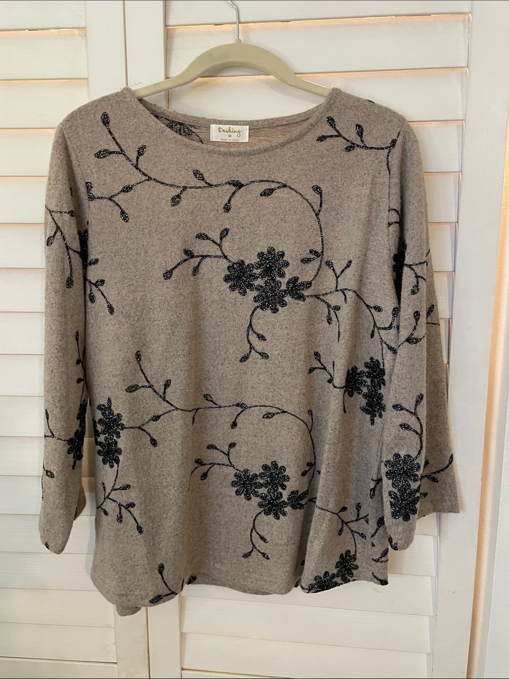 Darling Taupe Sweater with Black Floral Embroidery